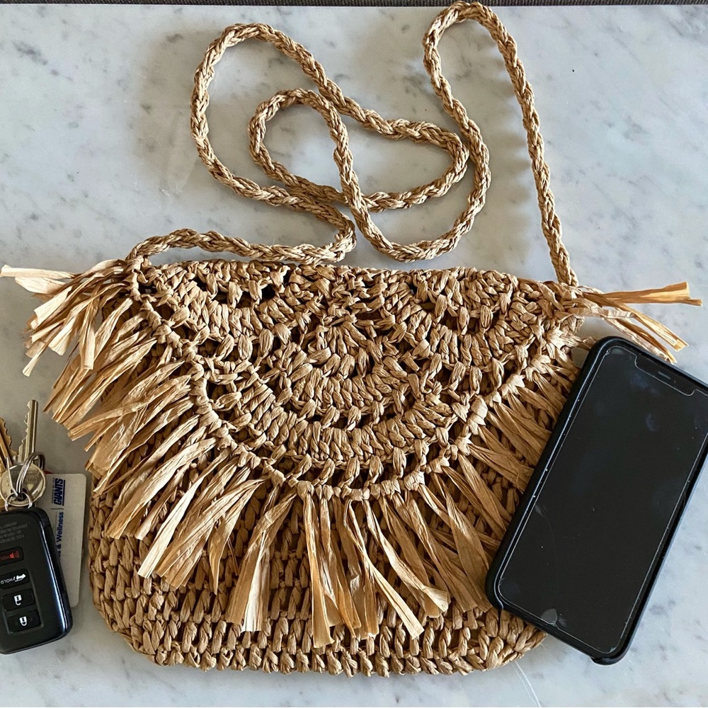 Tan Macramé Crossbody Bag with Fringe